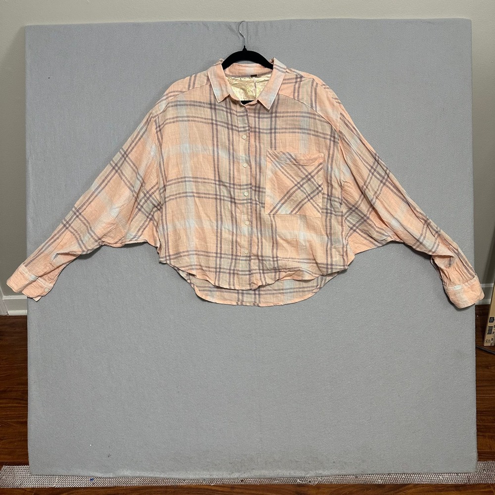 Free People Cropped Peach Plaid Button-Up Shirt
